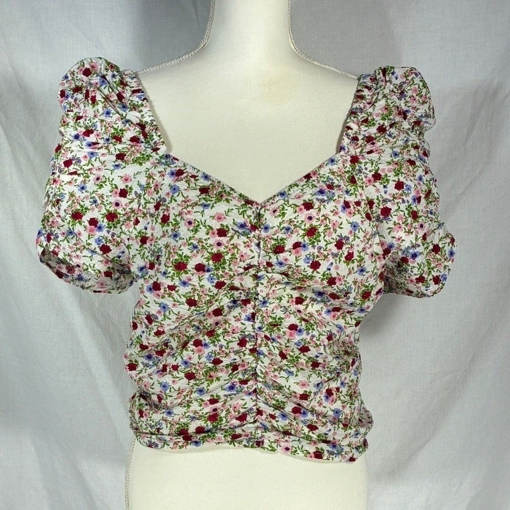 L.I.F.E. Love Is For Eternity Floral Ruched Puff Sleeve Smocked Top XL Cotton